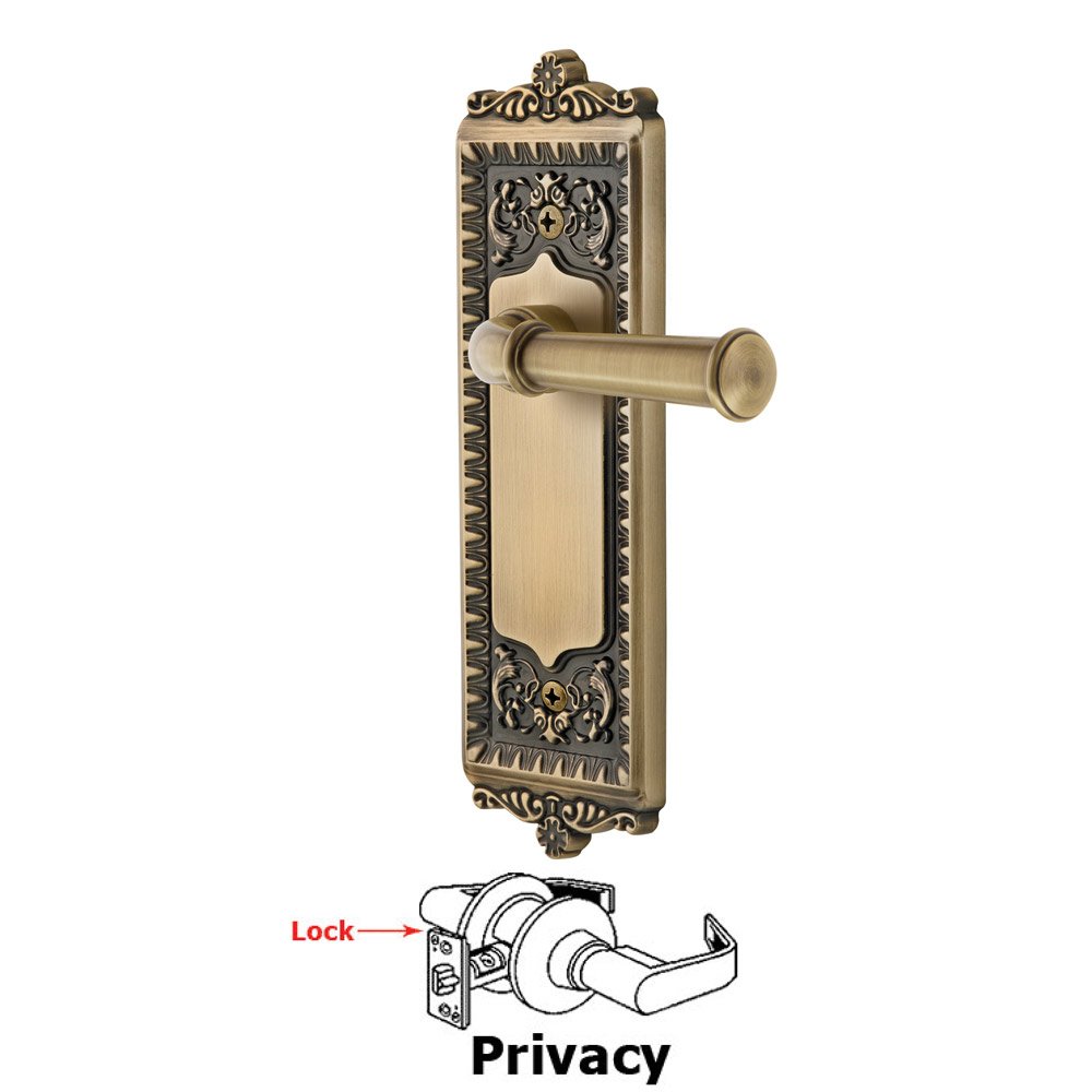 Grandeur Privacy Windsor Plate with Right Handed Georgetown Lever in Vintage Brass