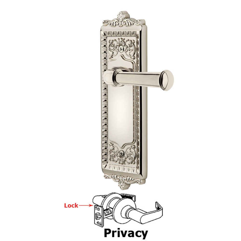 Grandeur Privacy Windsor Plate with Right Handed Georgetown Lever in Polished Nickel