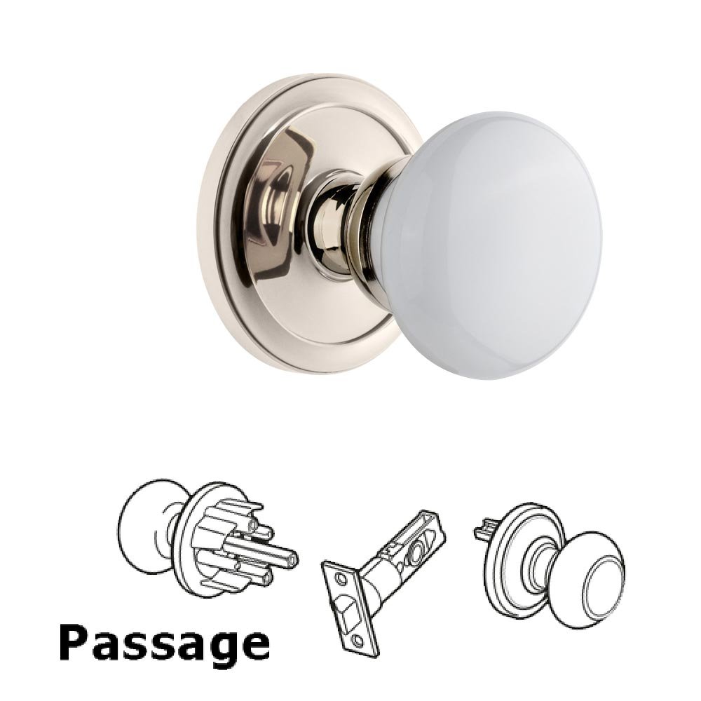 Grandeur Circulaire Rosette Passage with Hyde Park White Porcelain Knob in Polished Nickel