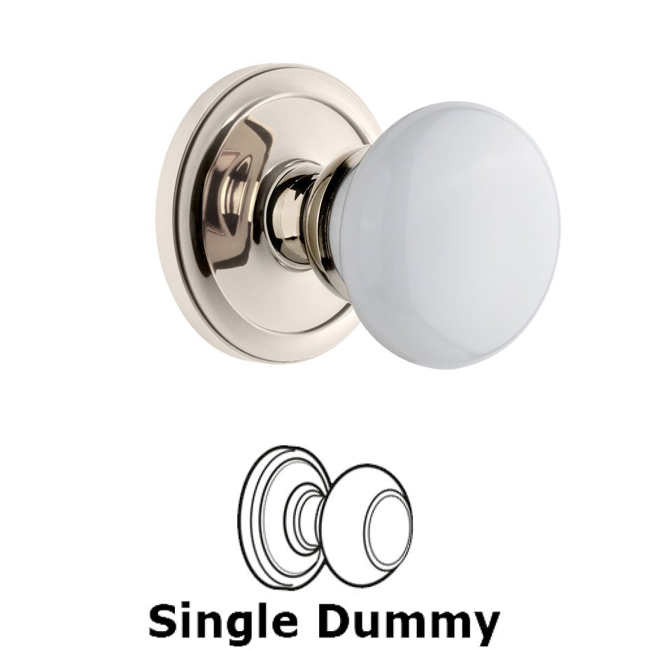 Grandeur Circulaire Rosette Dummy with Hyde Park White Porcelain Knob in Polished Nickel