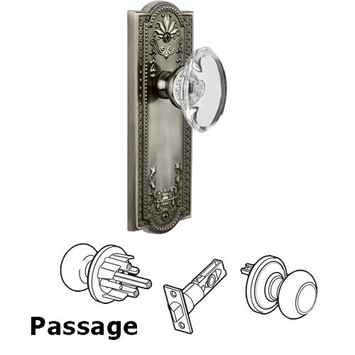 Grandeur Passage Knob - Parthenon Plate with Provence Crystal Knob in Antique Pewter