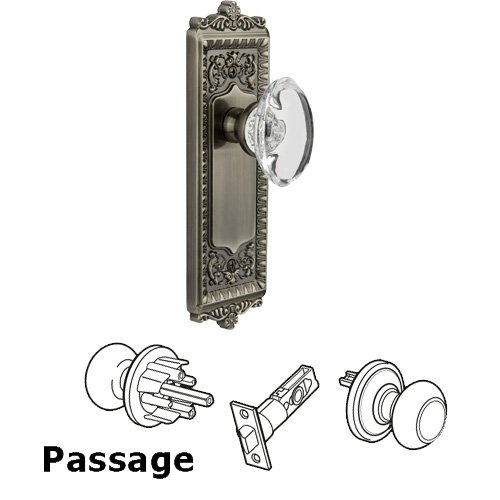Grandeur Passage Knob - Windsor Plate with Provence Crystal Knob in Antique Pewter