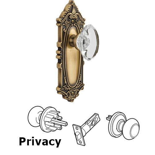 Grandeur Privacy Knob - Grande Victorian Plate with Provence Crystal Knob in Vintage Brass