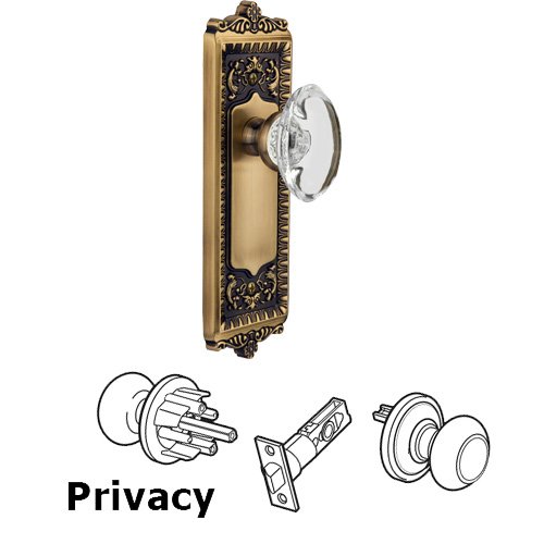 Grandeur Privacy Knob - Windsor Plate with Provence Crystal Knob in Vintage Brass