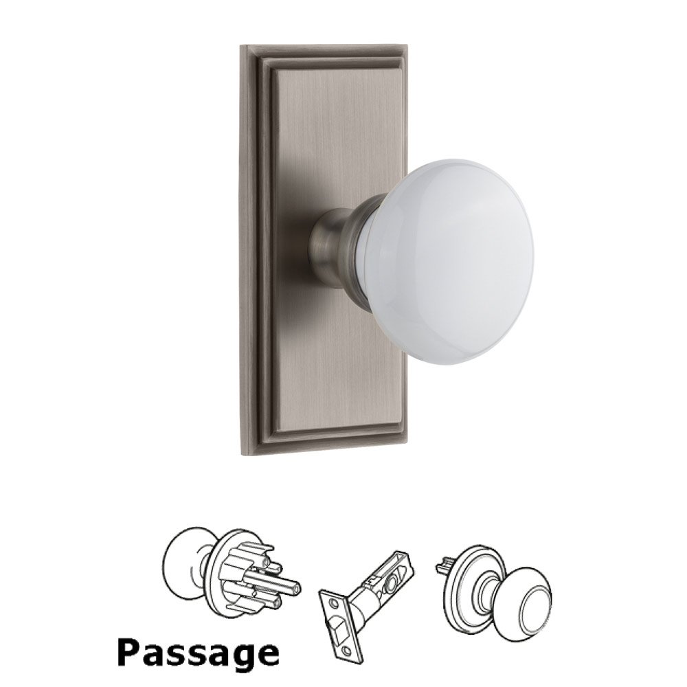 Grandeur Carre Plate Passage with Hyde Park White Porcelain Knob in Antique Pewter