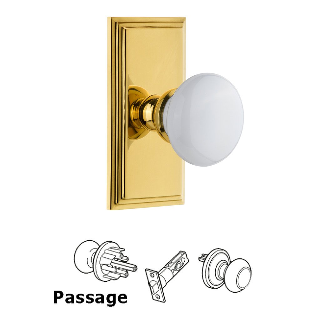 Grandeur Carre Plate Passage with Hyde Park White Porcelain Knob in Polished Brass