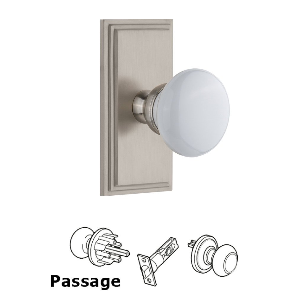 Grandeur Carre Plate Passage with Hyde Park White Porcelain Knob in Satin Nickel