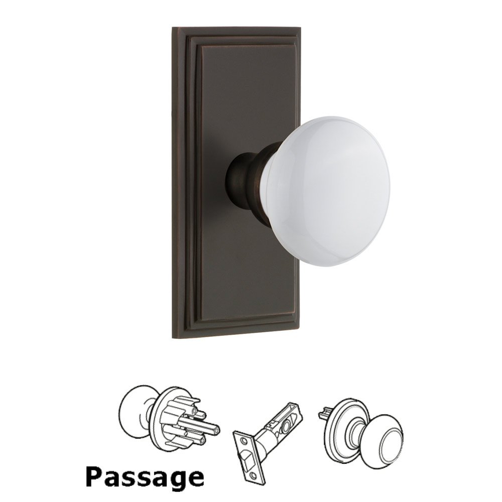 Grandeur Carre Plate Passage with Hyde Park White Porcelain Knob in Timeless Bronze