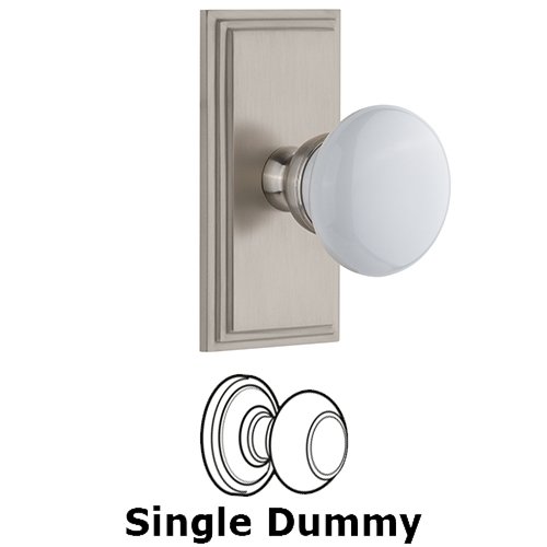 Grandeur Carre Plate Dummy with Hyde Park White Porcelain Knob in Satin Nickel