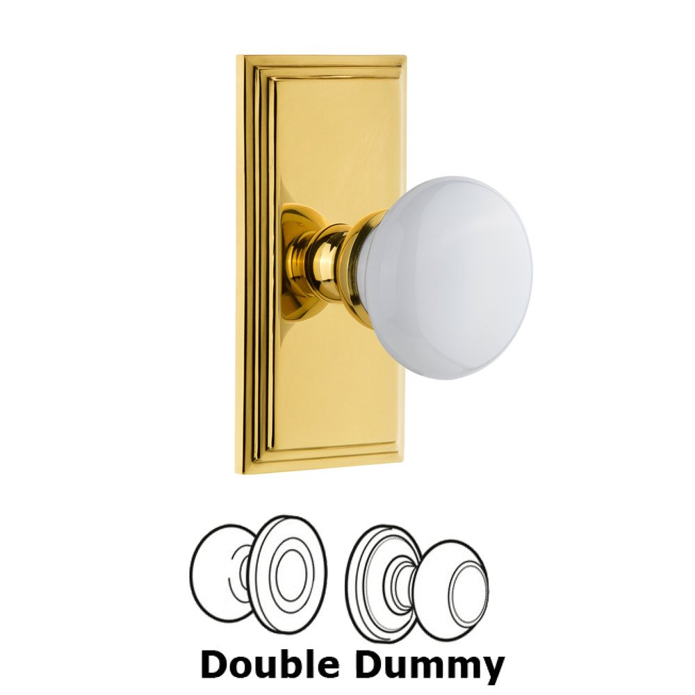Grandeur Carre Plate Double Dummy with Hyde Park White Porcelain Knob in Polished Brass
