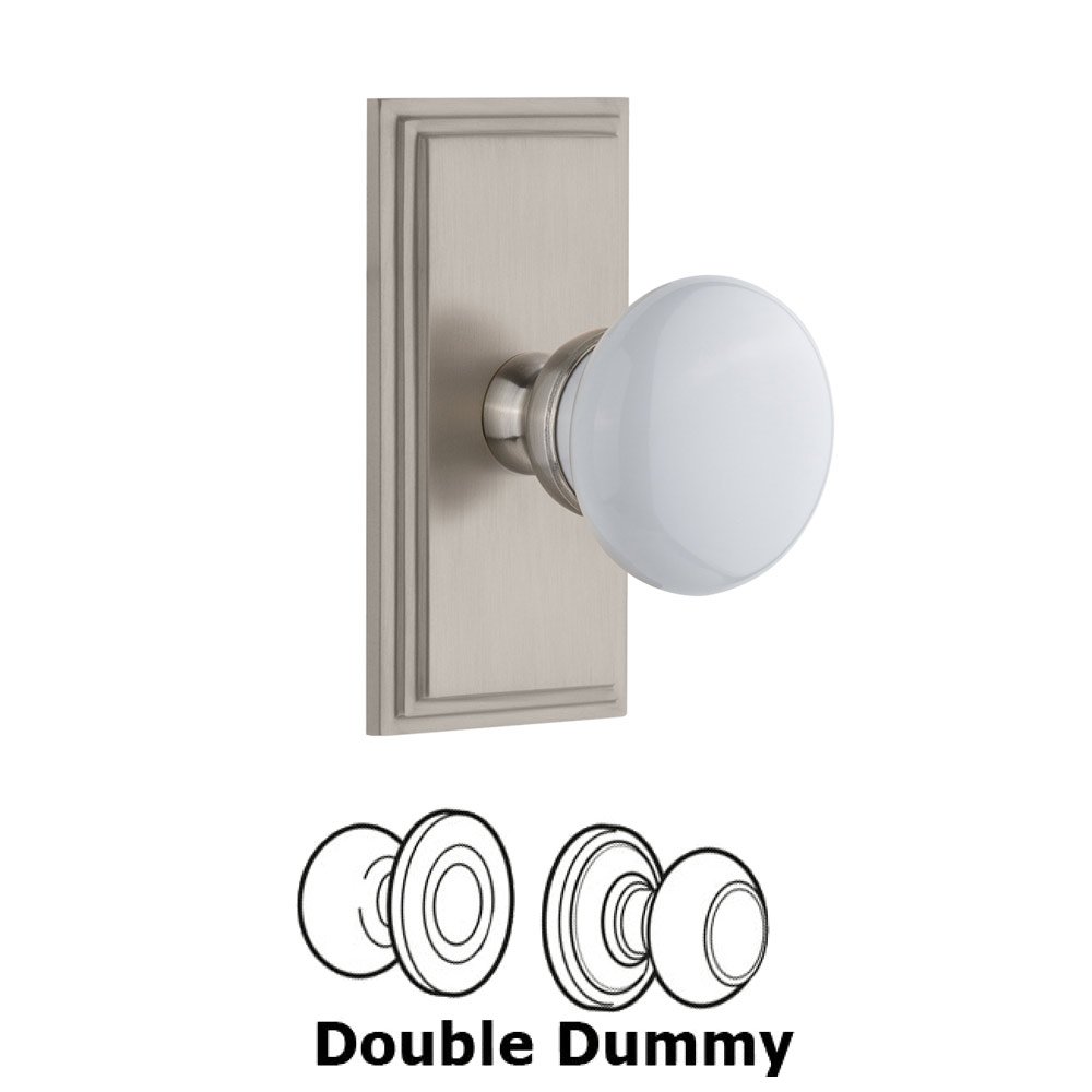 Grandeur Carre Plate Double Dummy with Hyde Park White Porcelain Knob in Satin Nickel