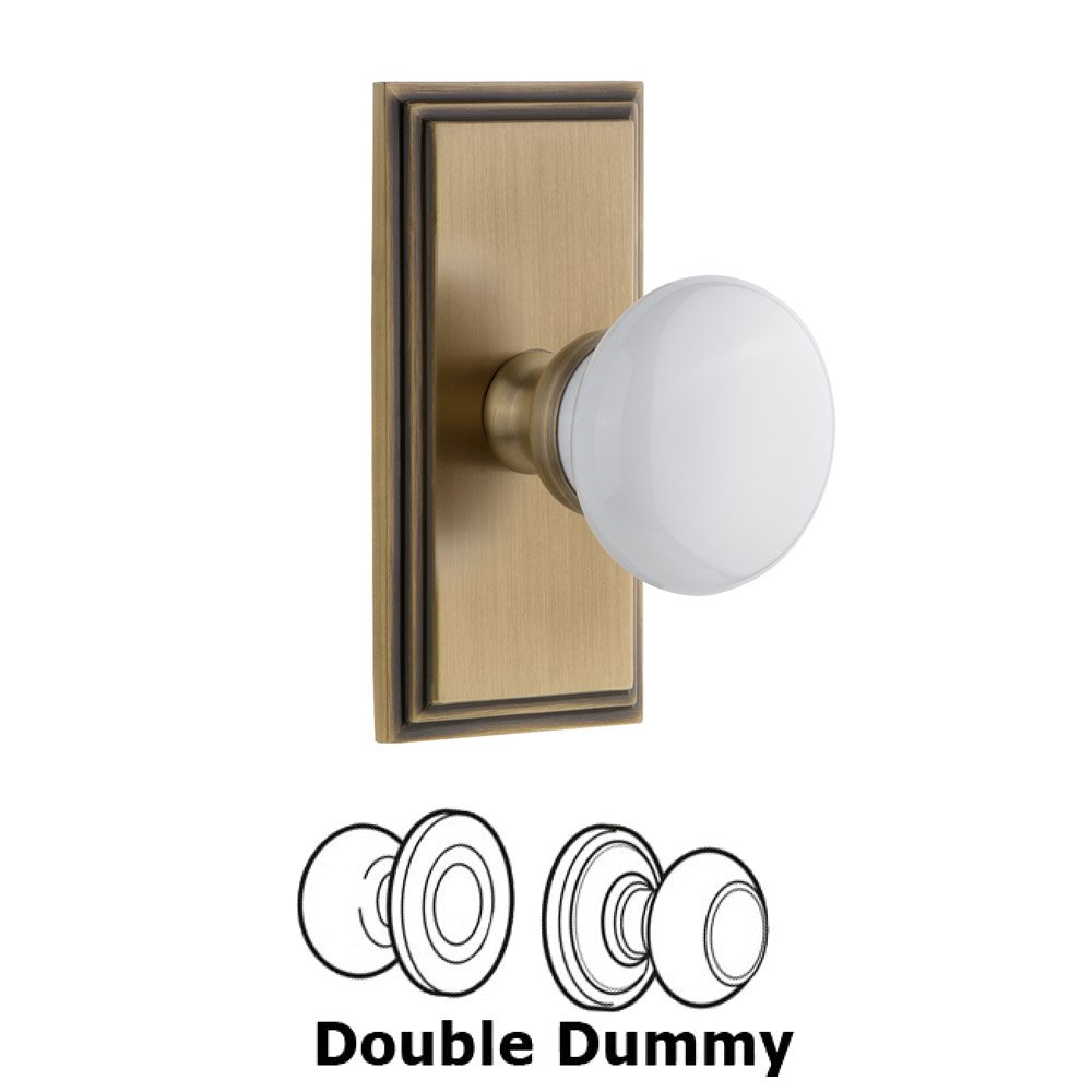 Grandeur Carre Plate Double Dummy with Hyde Park White Porcelain Knob in Vintage Brass