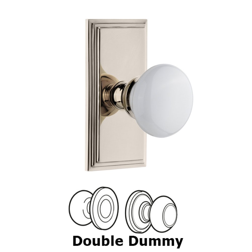 Grandeur Carre Plate Double Dummy with Hyde Park White Porcelain Knob in Polished Nickel