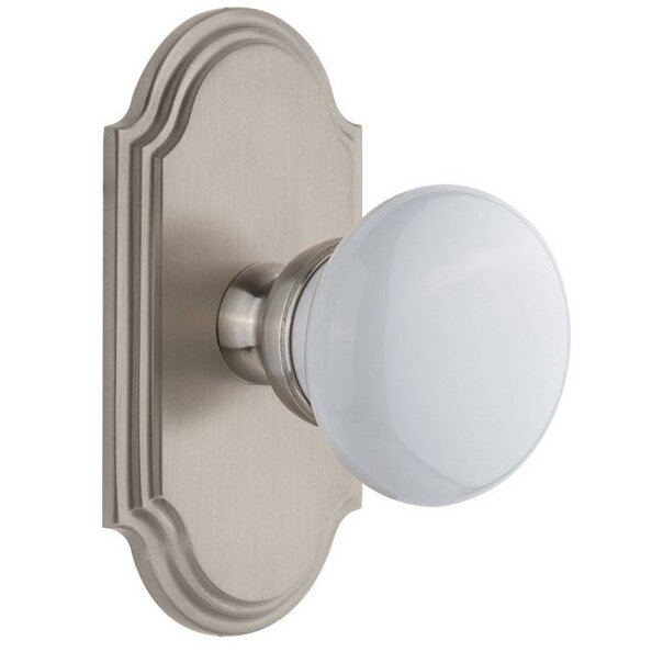 Grandeur Arc Plate Passage with Hyde Park White Porcelain Knob in Satin Nickel