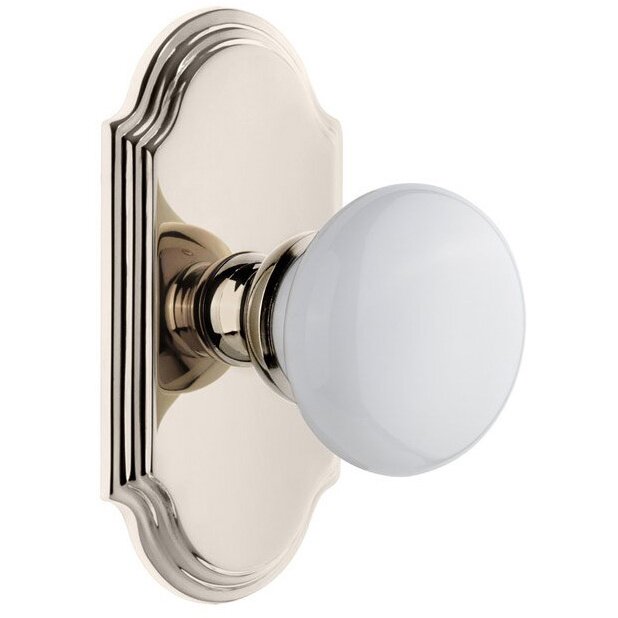 Grandeur Arc Plate Passage with Hyde Park White Porcelain Knob in Polished Nickel