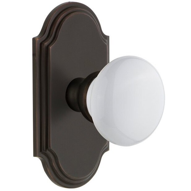 Grandeur Arc Plate Dummy with Hyde Park White Porcelain Knob in Timeless Bronze