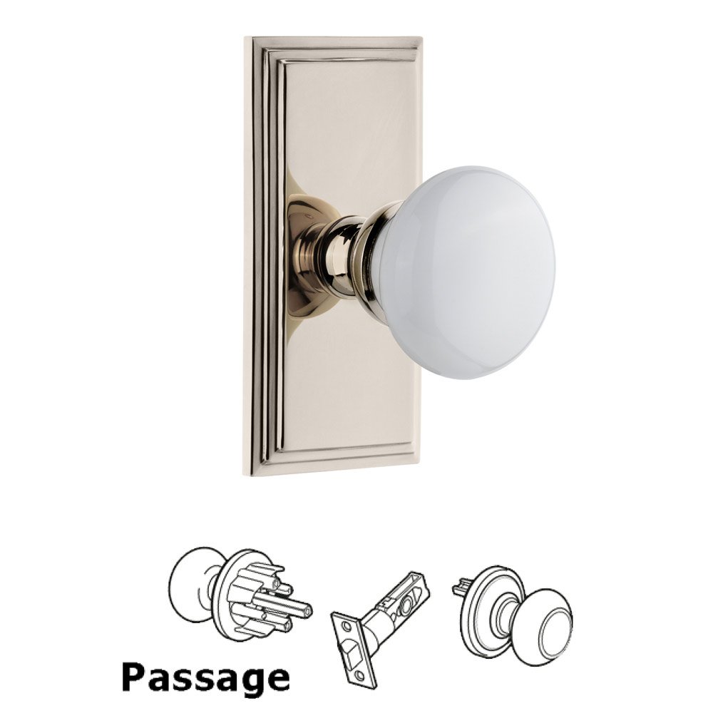 Grandeur Carre Plate Passage with Hyde Park White Porcelain Knob in Polished Nickel