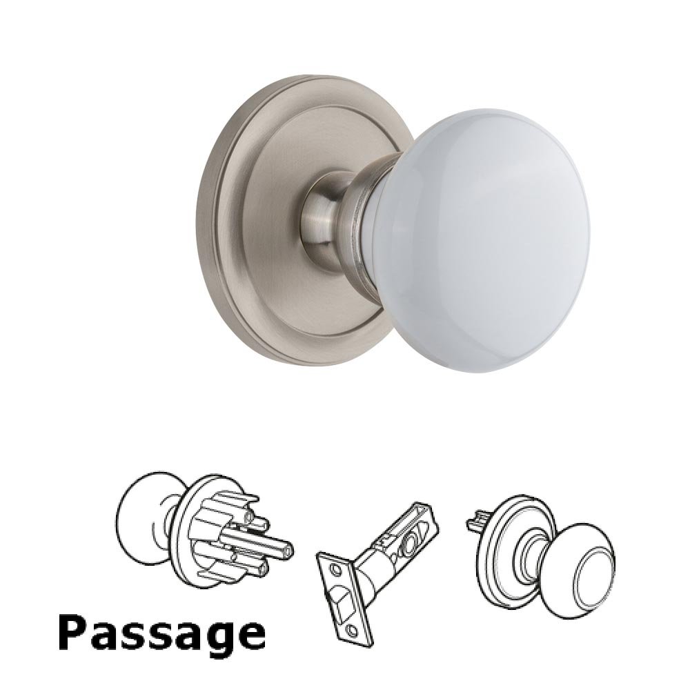 Grandeur Circulaire Rosette Passage with Hyde Park White Porcelain Knob in Satin Nickel