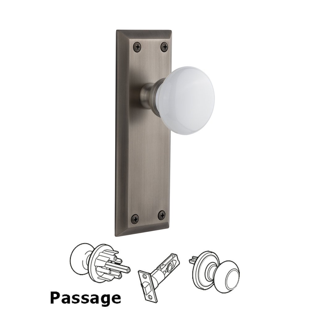 Grandeur Fifth Avenue Plate Passage with Hyde Park White Porcelain Knob in Antique Pewter