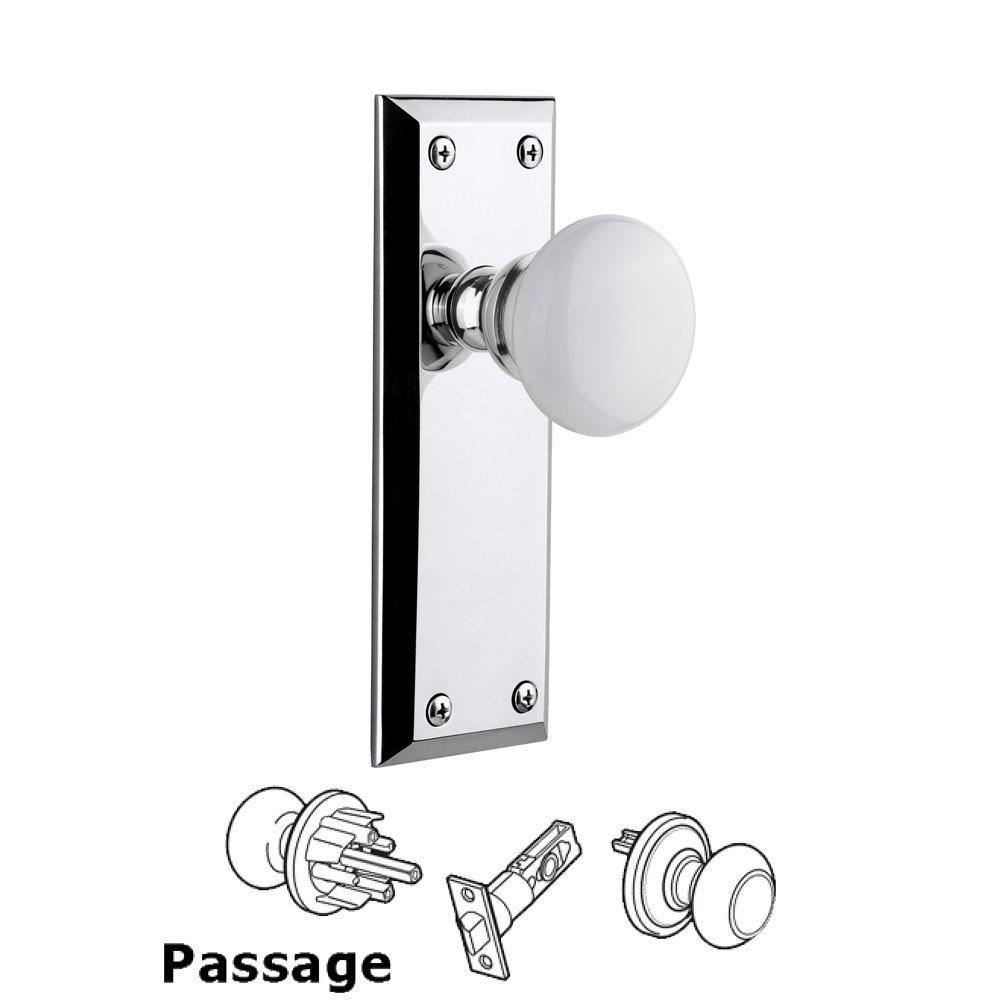 Grandeur Fifth Avenue Plate Passage with Hyde Park White Porcelain Knob in Bright Chrome