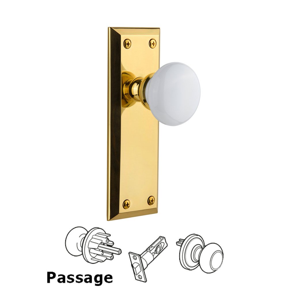 Grandeur Fifth Avenue Plate Passage with Hyde Park White Porcelain Knob in Polished Brass