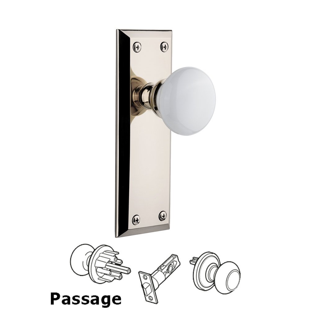 Grandeur Fifth Avenue Plate Passage with Hyde Park White Porcelain Knob in Polished Nickel
