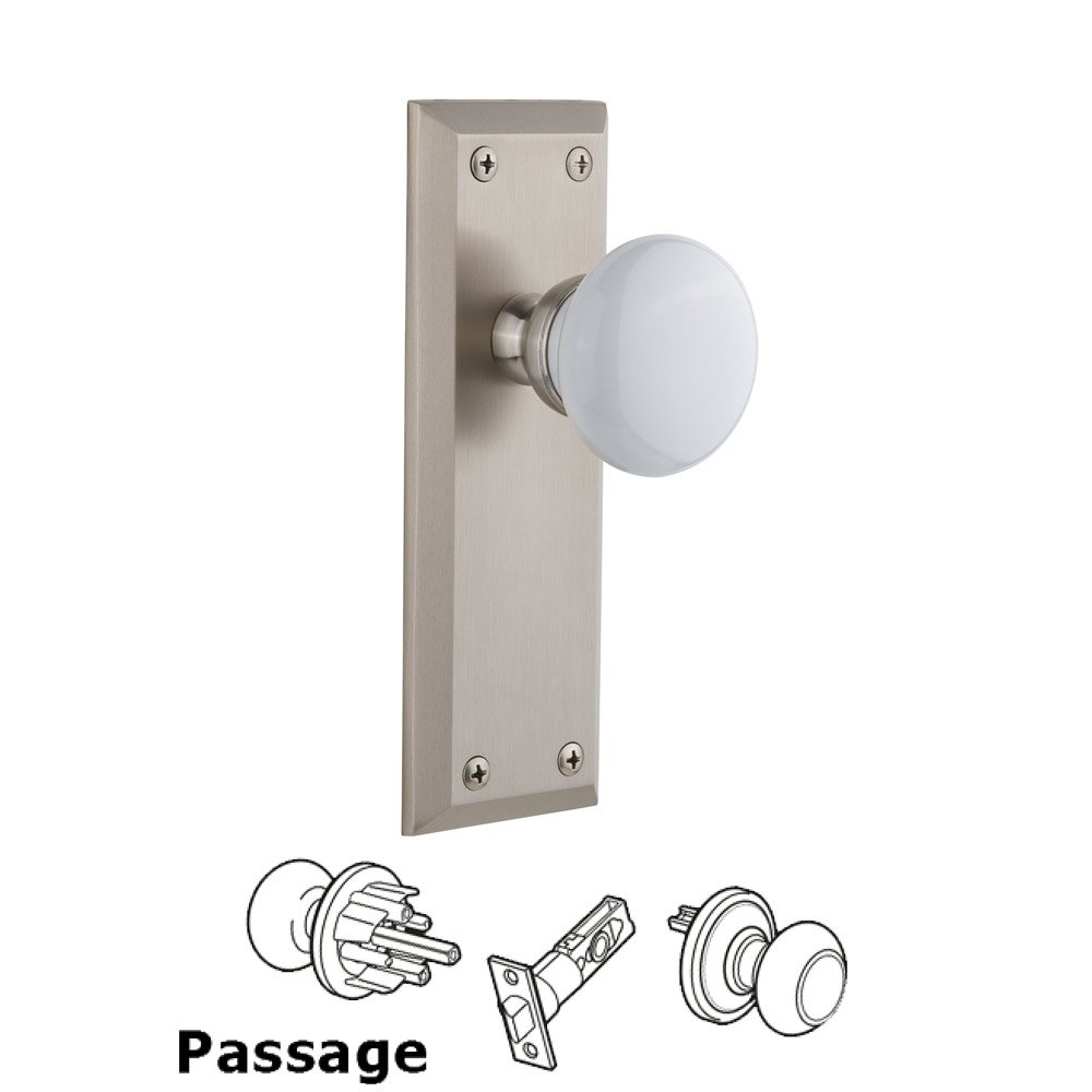 Grandeur Fifth Avenue Plate Passage with Hyde Park White Porcelain Knob in Satin Nickel