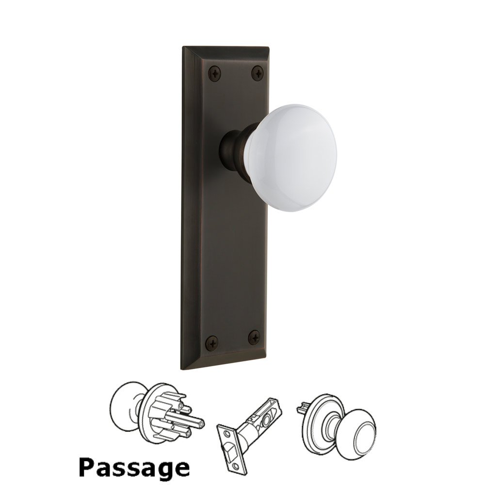 Grandeur Fifth Avenue Plate Passage with Hyde Park White Porcelain Knob in Timeless Bronze