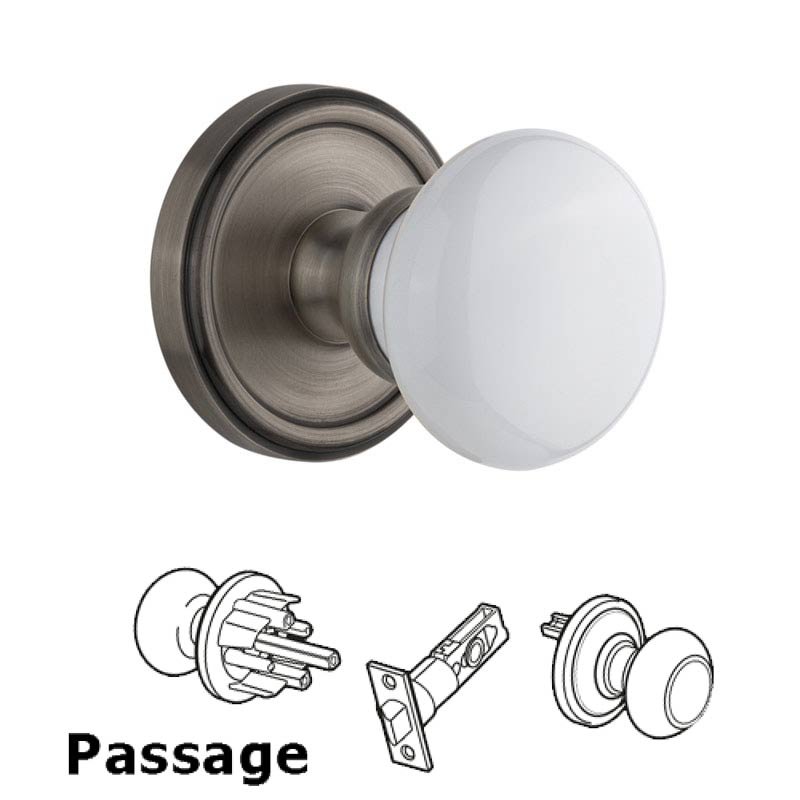 Grandeur Georgetown Plate Passage with Hyde Park White Porcelain Knob in Antique Pewter