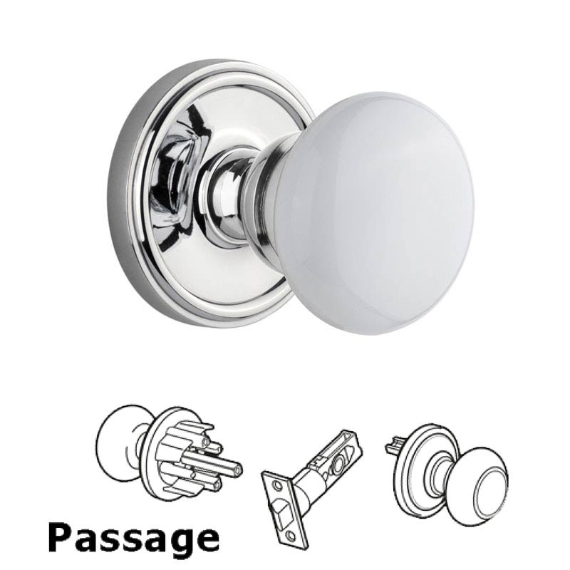 Grandeur Georgetown Plate Passage with Hyde Park White Porcelain Knob in Bright Chrome