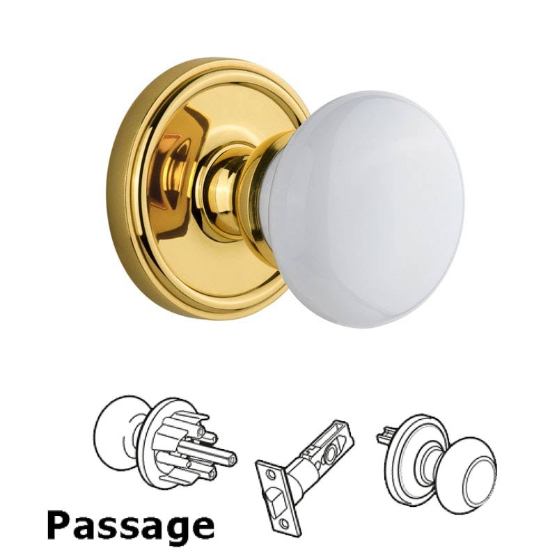 Grandeur Georgetown Plate Passage with Hyde Park White Porcelain Knob in Polished Brass