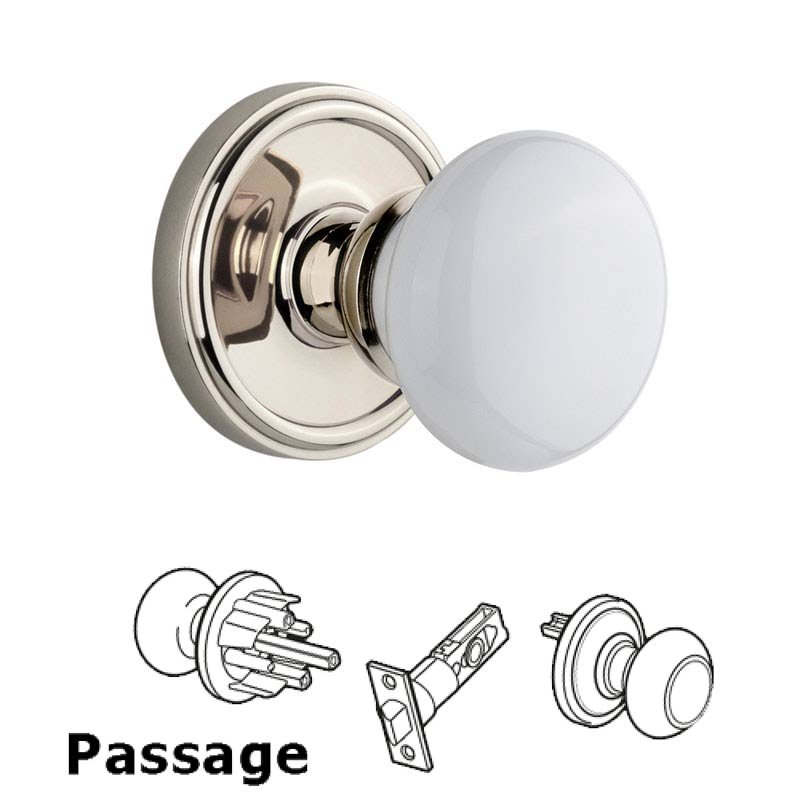 Grandeur Georgetown Plate Passage with Hyde Park White Porcelain Knob in Polished Nickel