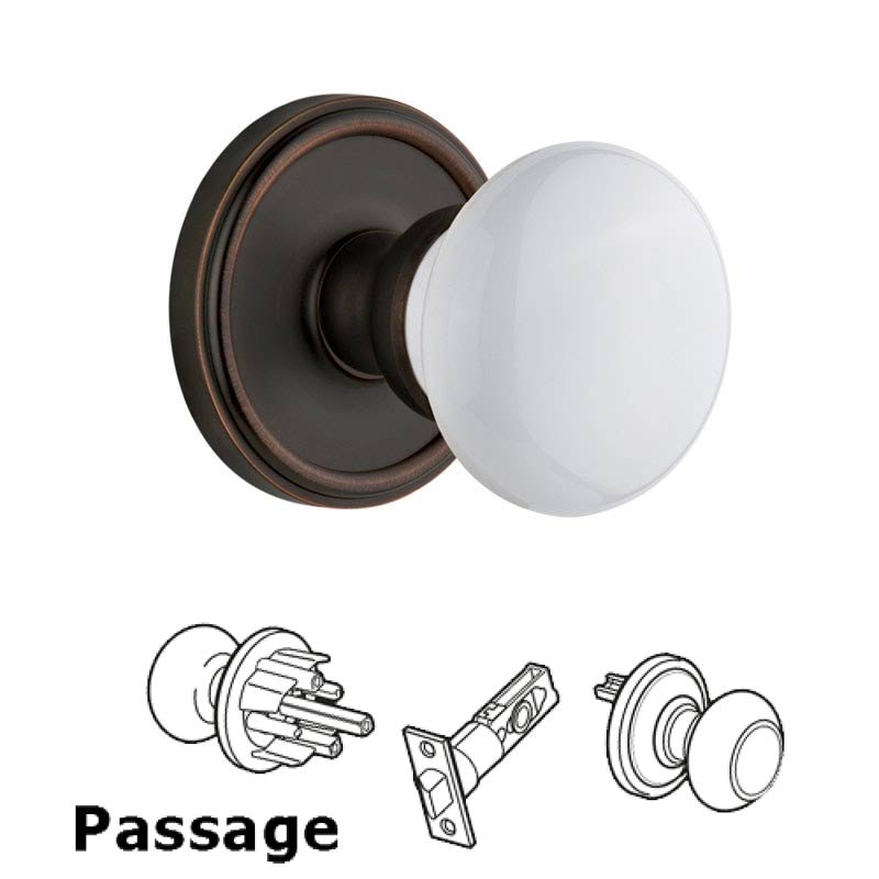 Grandeur Georgetown Plate Passage with Hyde Park White Porcelain Knob in Timeless Bronze