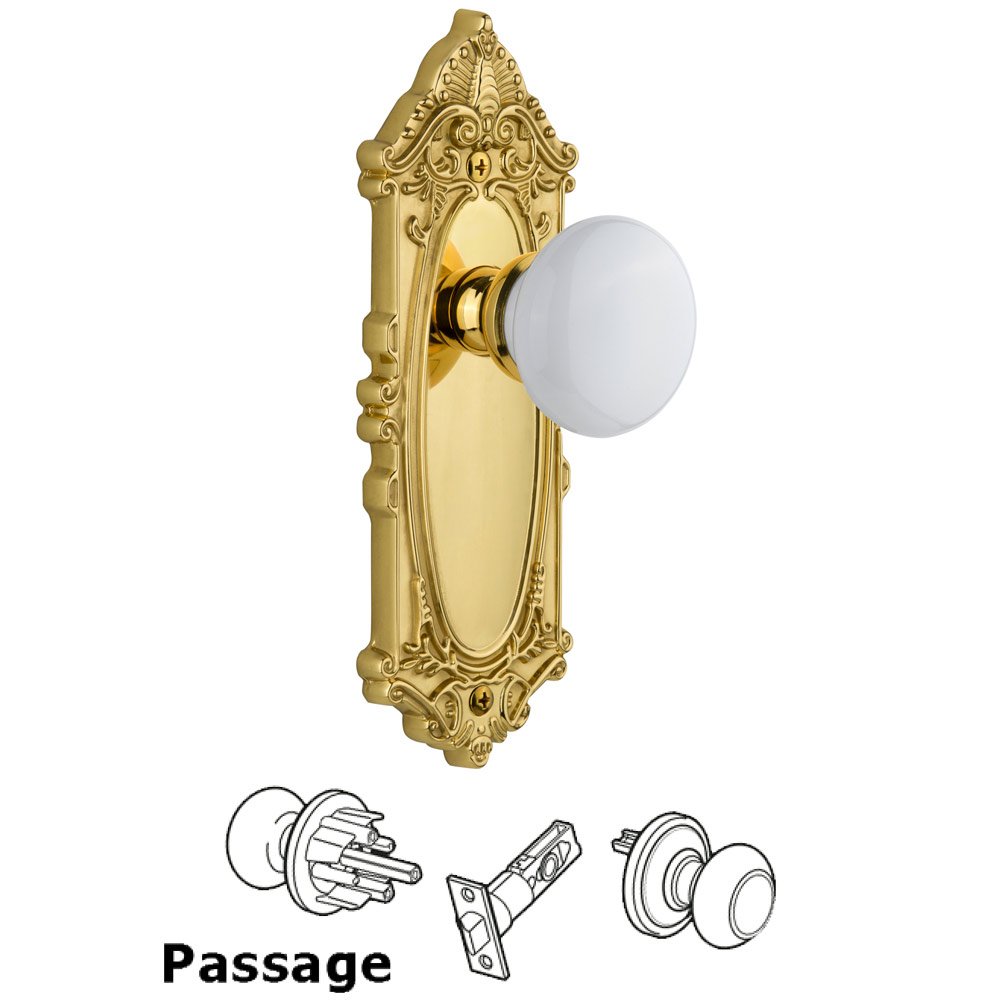 Grandeur Grande Victorian Plate Passage with Hyde Park White Porcelain Knob in Polished Brass