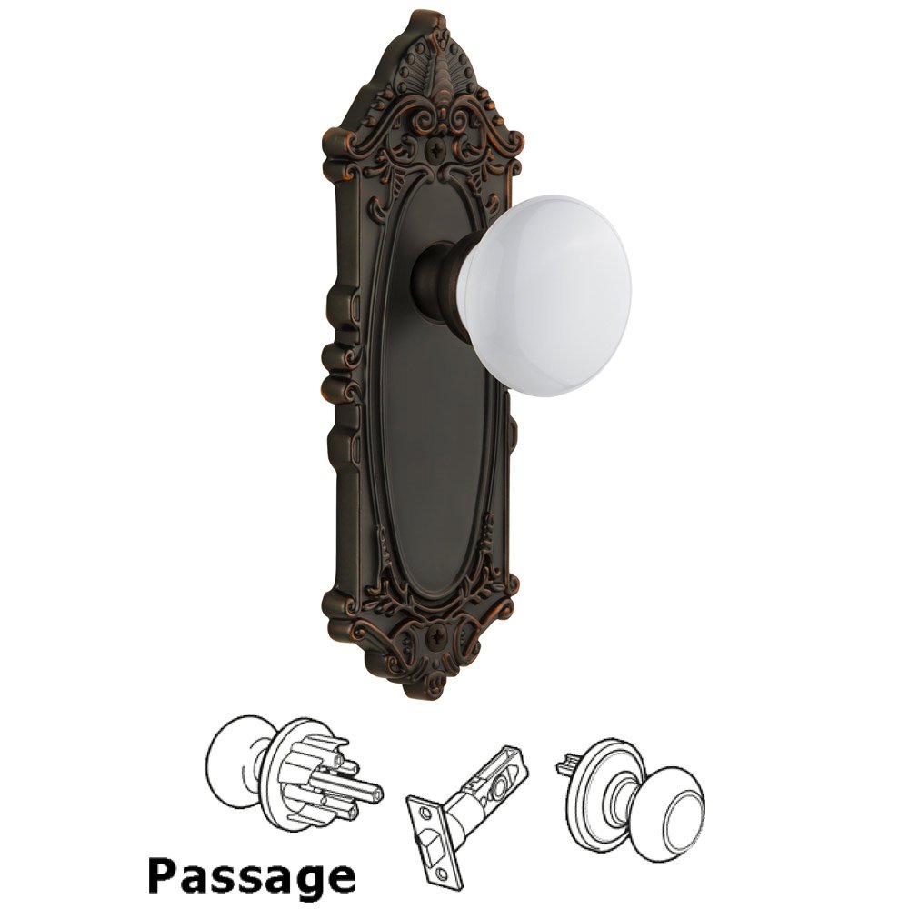 Grandeur Grande Victorian Plate Passage with Hyde Park White Porcelain Knob in Timeless Bronze