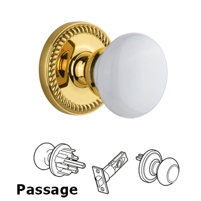 Grandeur Newport Plate Passage with Hyde Park White Porcelain Knob in Polished Brass