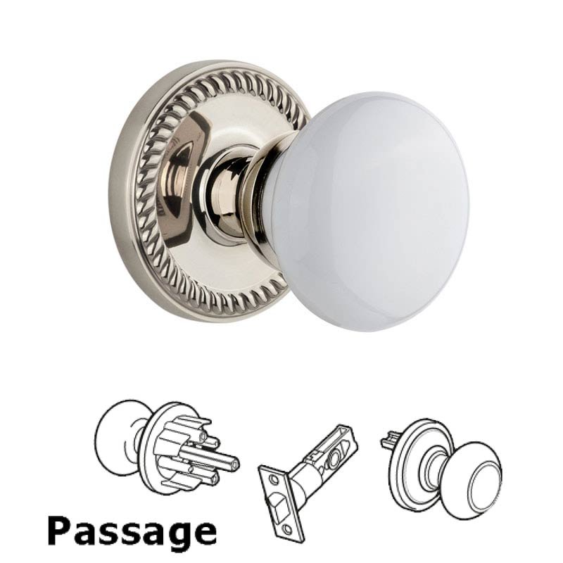 Grandeur Newport Plate Passage with Hyde Park White Porcelain Knob in Polished Nickel