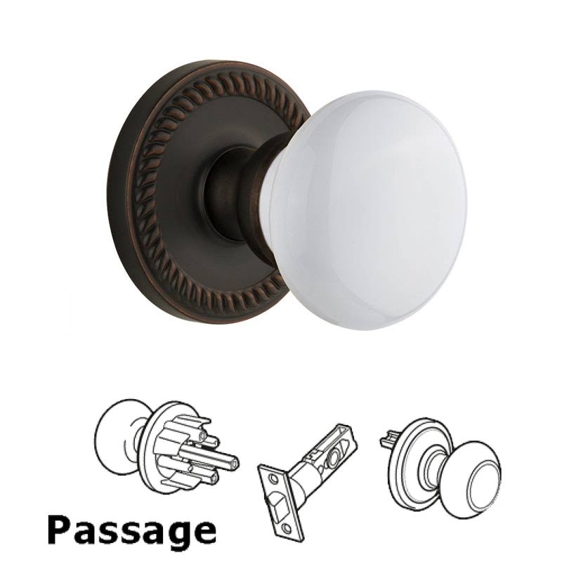 Grandeur Newport Plate Passage with Hyde Park White Porcelain Knob in Timeless Bronze