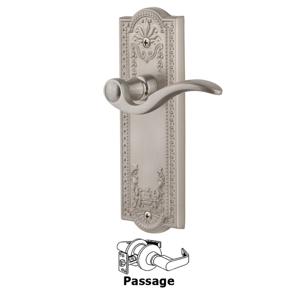 Grandeur Passage Parthenon Plate with Bellagio Right Handed Lever in Satin Nickel
