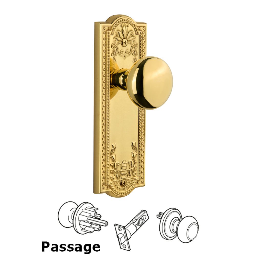 Grandeur Grandeur Parthenon Plate Passage with Fifth Avenue Knob in Polished Brass
