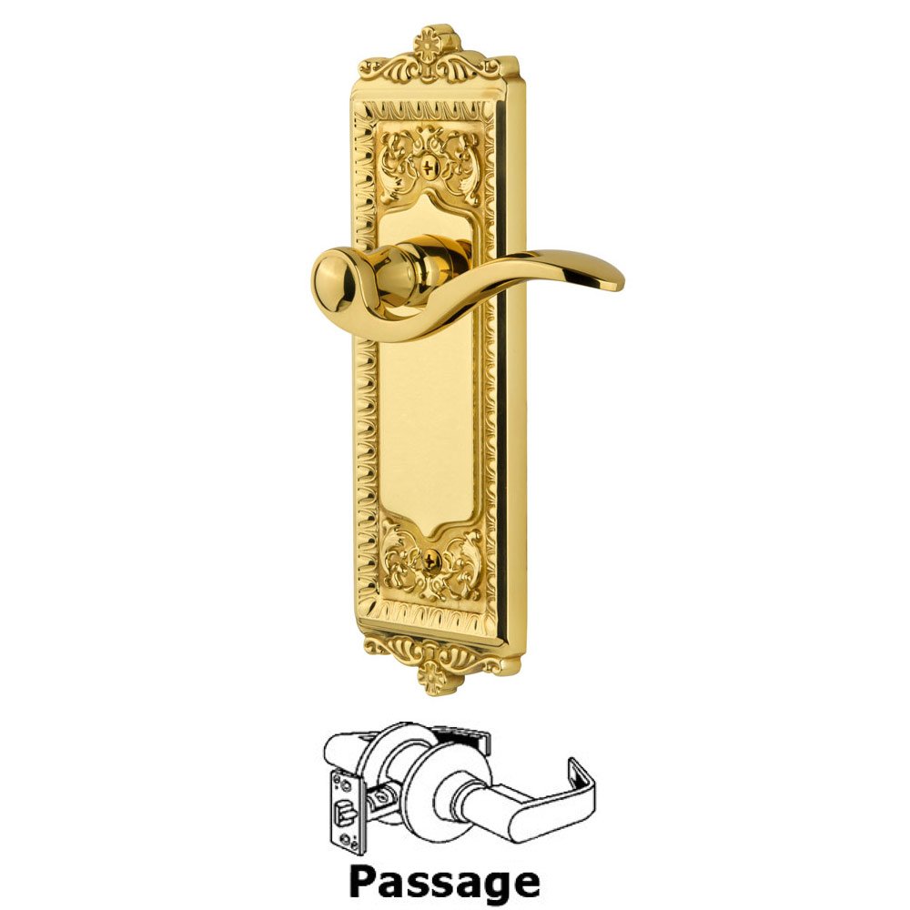 Grandeur Passage Windsor Plate with Right Handed Bellagio Lever in Polished Brass