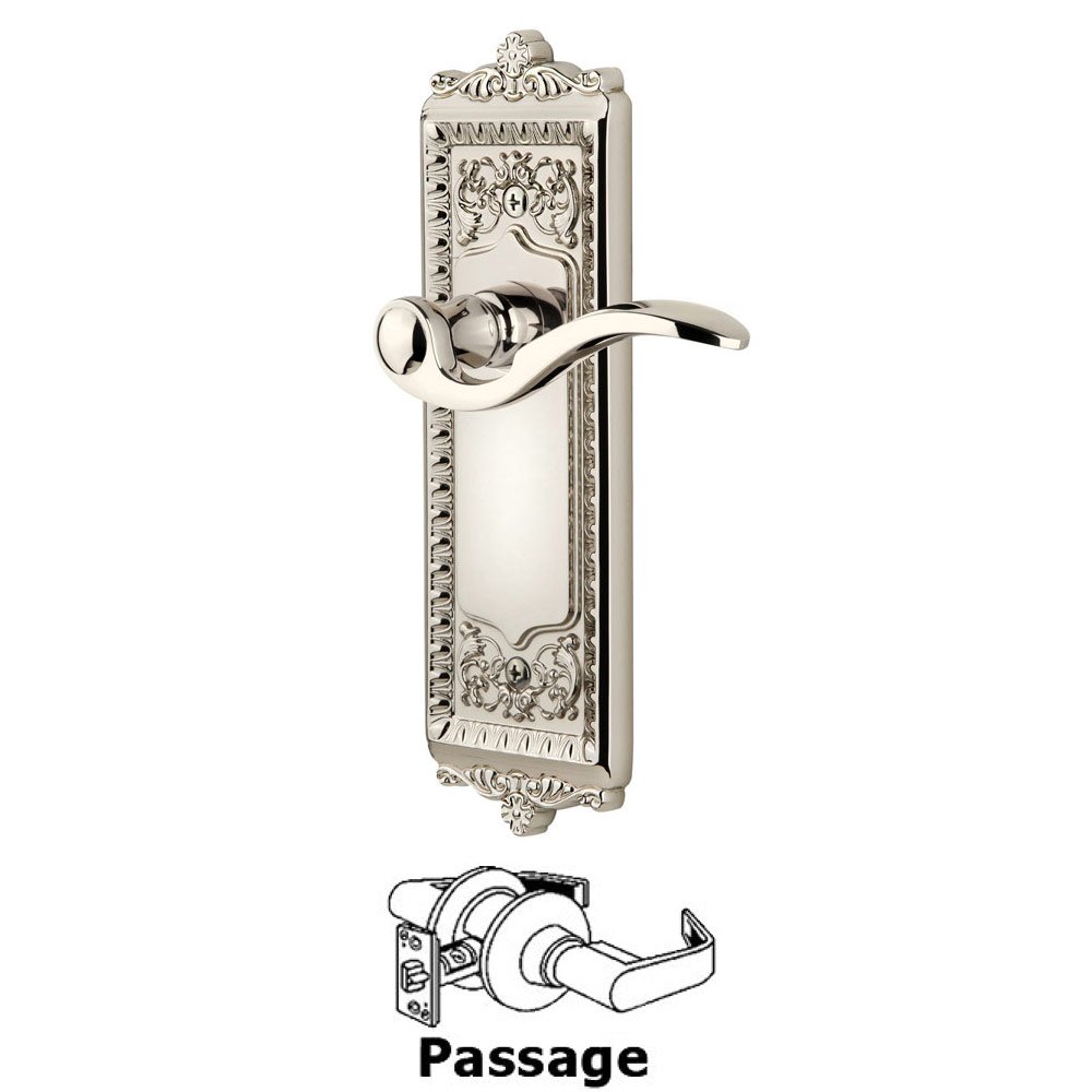 Grandeur Passage Windsor Plate with Right Handed Bellagio Lever in Polished Nickel