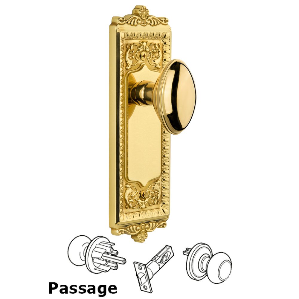 Grandeur Windsor Plate Passage with Eden Prairie knob in Polished Brass