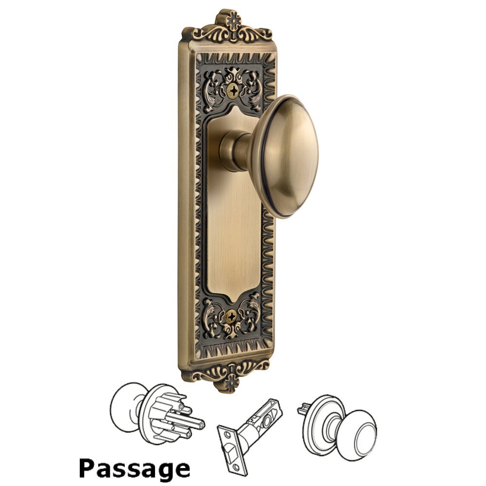 Grandeur Windsor Plate Passage with Eden Prairie knob in Vintage Brass