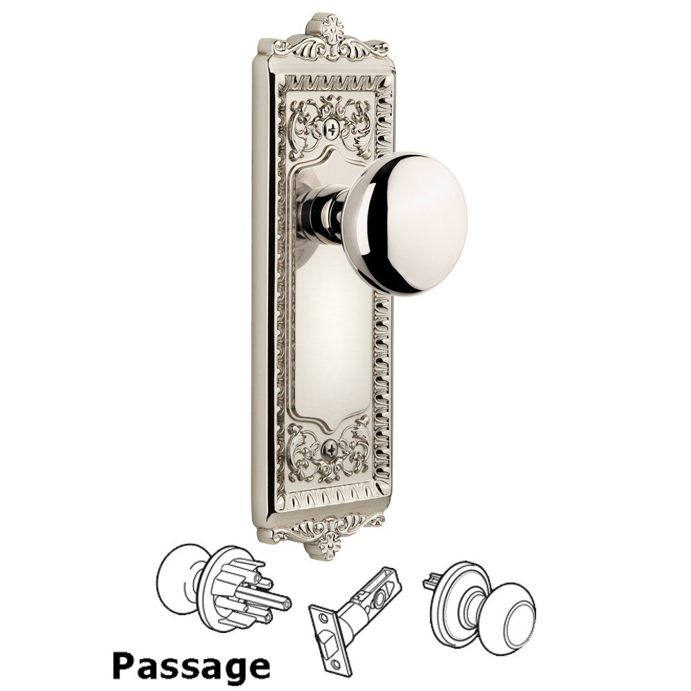 Grandeur Windsor Plate Passage with Fifth Avenue knob in Polished Nickel