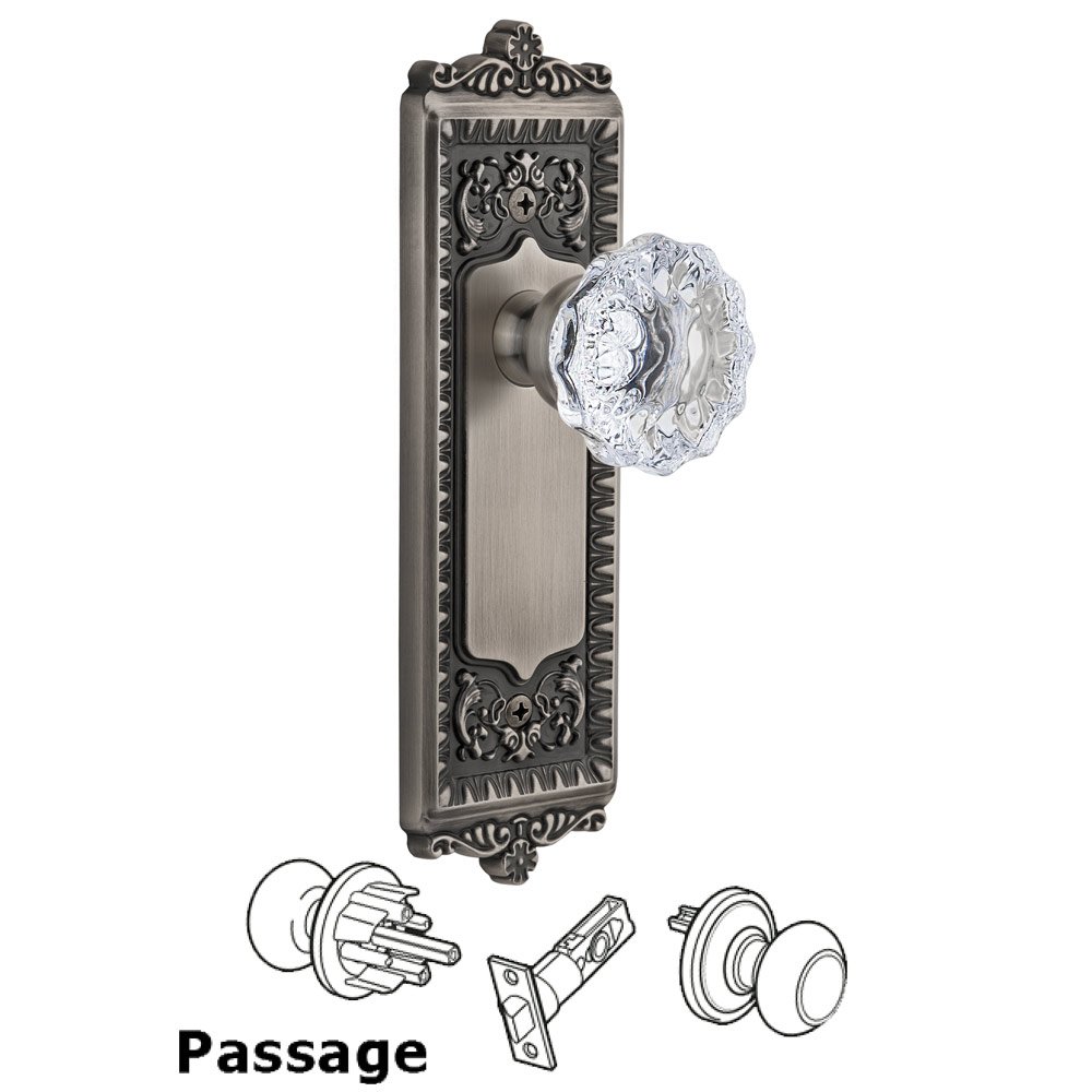 Grandeur Windsor Plate Passage with Fontainebleau knob in Antique Pewter