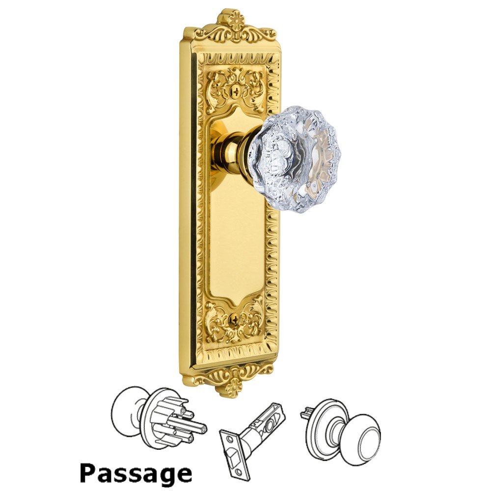 Grandeur Windsor Plate Passage with Fontainebleau knob in Lifetime Brass