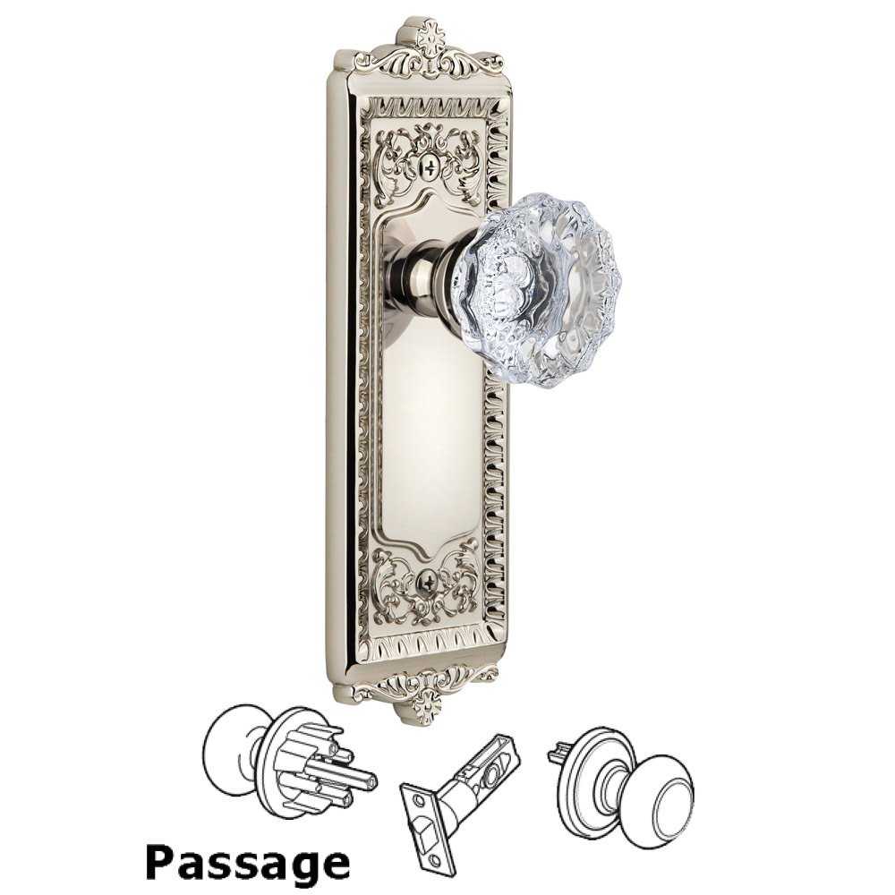 Grandeur Windsor Plate Passage with Fontainebleau knob in Polished Nickel