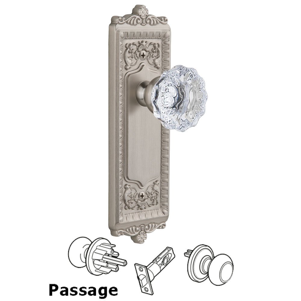 Grandeur Windsor Plate Passage with Fontainebleau knob in Satin Nickel