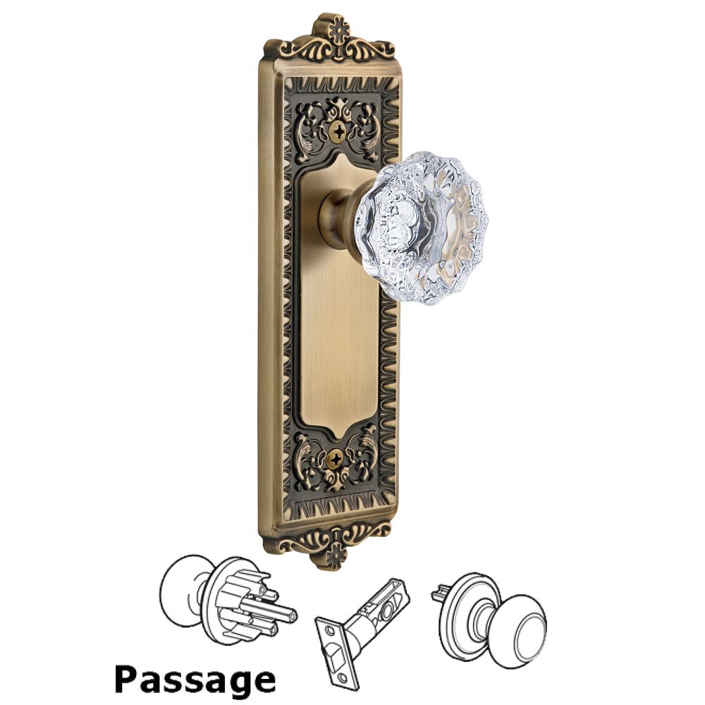 Grandeur Windsor Plate Passage with Fontainebleau knob in Vintage Brass
